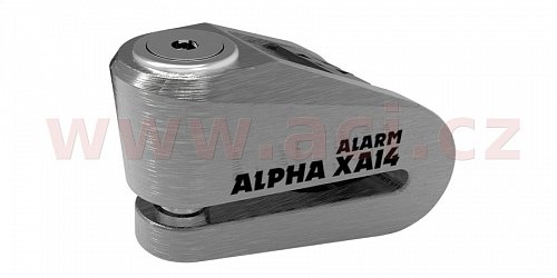 zámek kotoučové brzdy Alpha Alarm XA14, OXFORD - Anglie (integrovaný alarm, broušený kov, průměr čepu 14 mm)