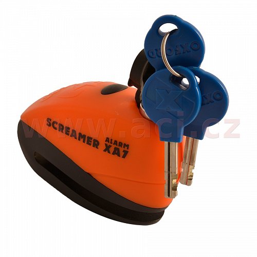 zámek kotoučové brzdy Screamer XA7, OXFORD - Anglie (integrovaný alarm, oranžový/černý, průměr čepu 7 mm)