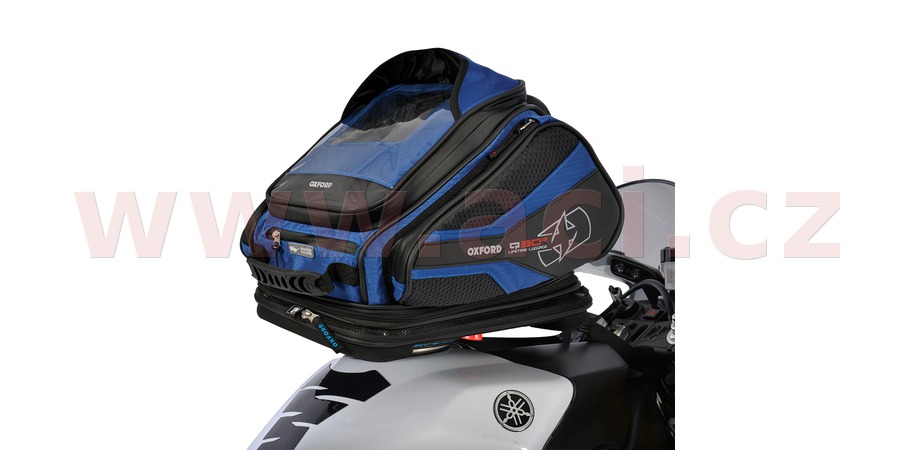 tankbag na motocykl Q30R QR, OXFORD - Anglie (černý/modrý, s rychloupínacím systémem na víčka nádrže, objem 30 l)