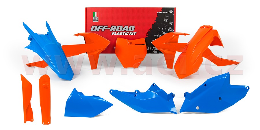 sada plastů KTM (speciální edice Troy Lee Designs), RTECH (modro-oranžová, 7 dílů, vč. chráničů vidlic)